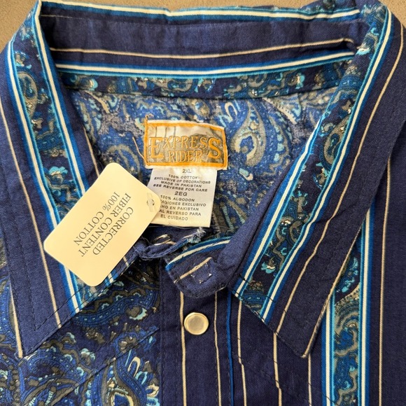 VTG Express Rider 2XL Western Pearl Snap Shirt Blue Paisley Stripe Split Panel - Picture 6 of 9